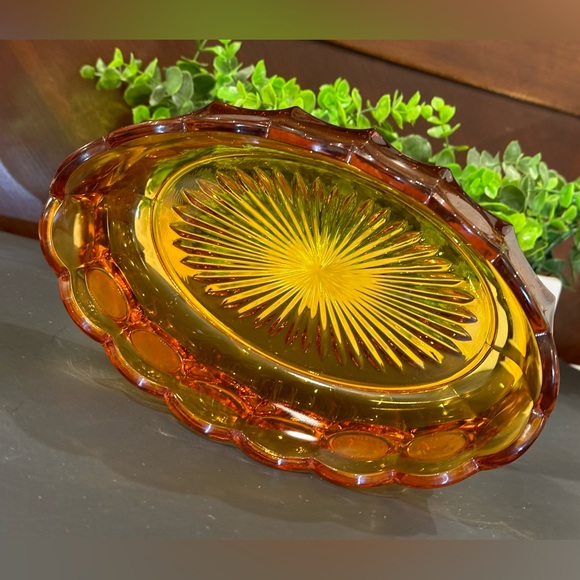 Vintage Fostoria Amber Art Glass Coin Oval Bowl - Picture 2 of 10